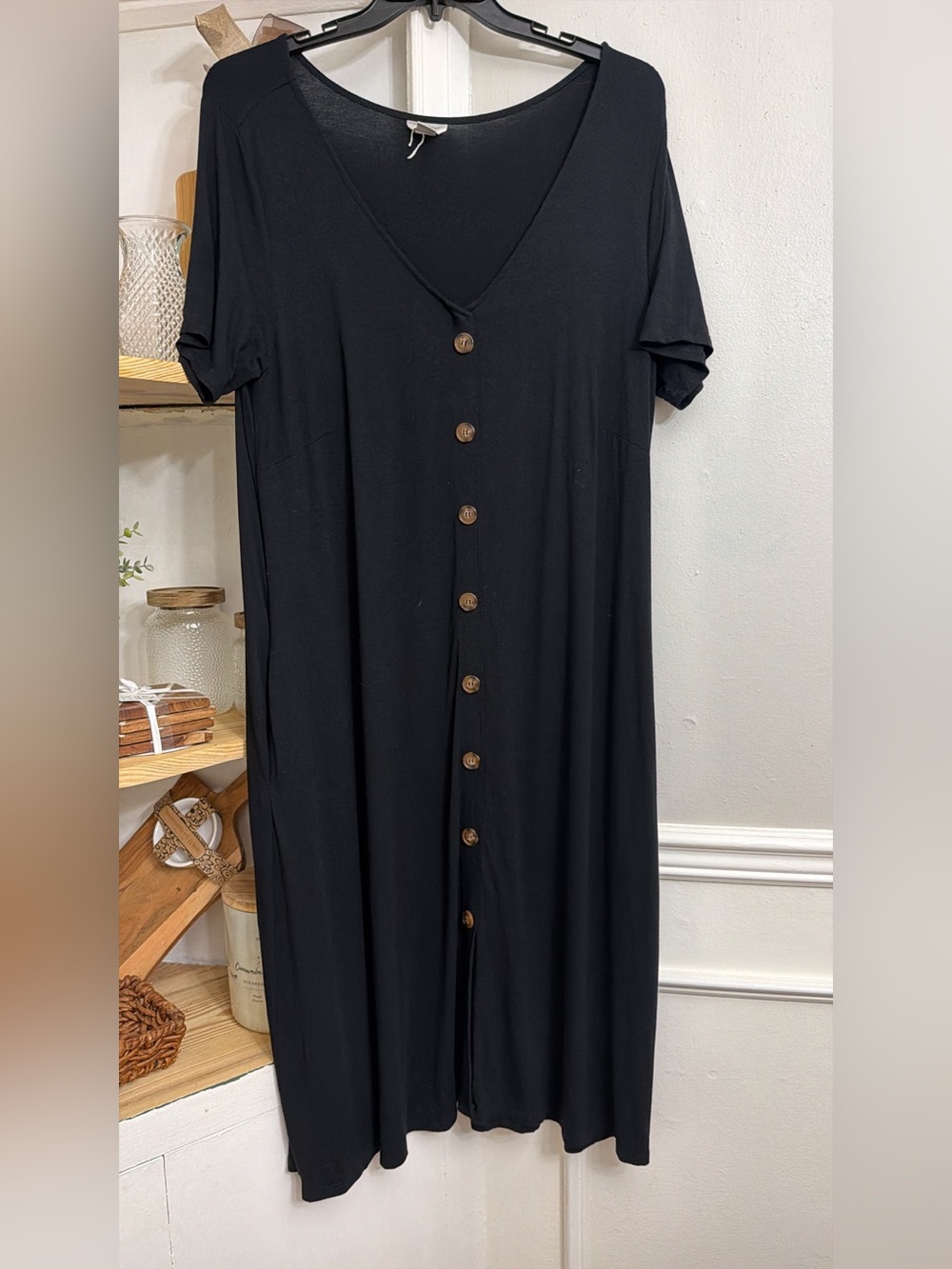 Avenue Black Button-Front V-Neck Midi Dress